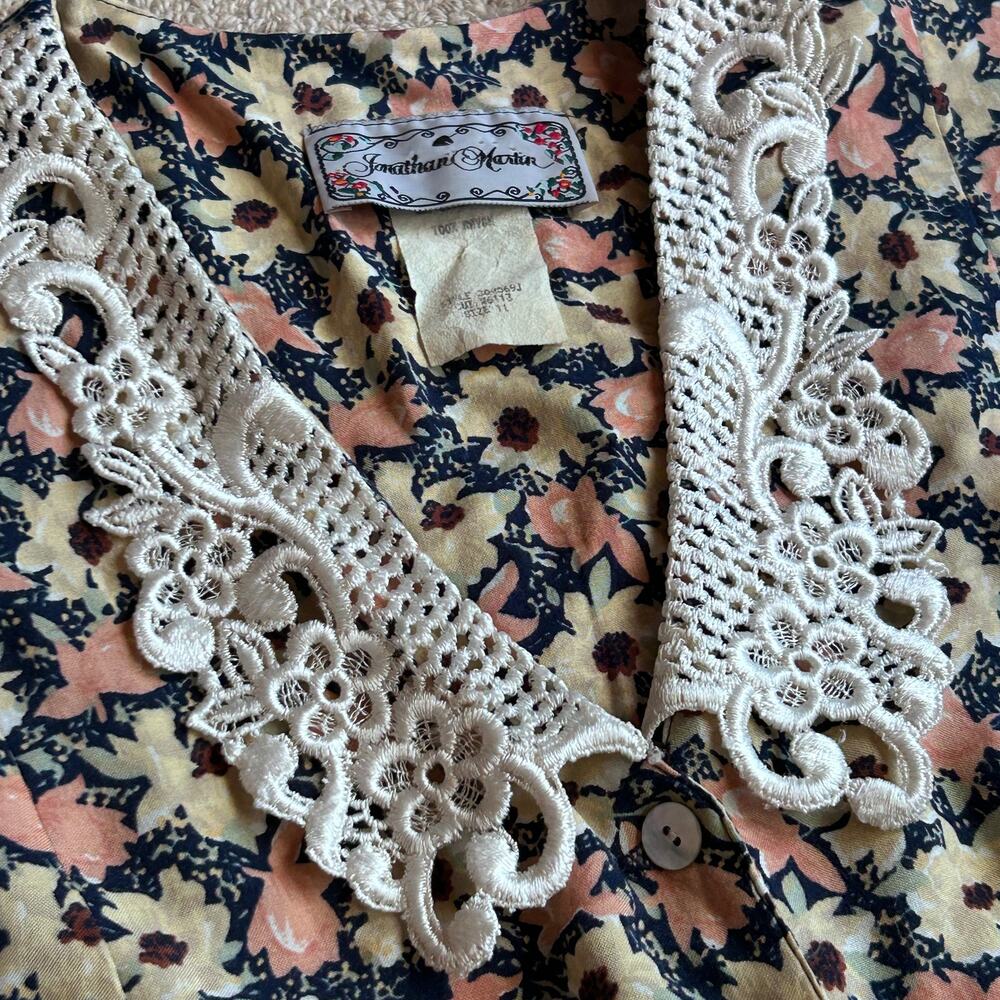 Vintage Floral Button Front Midi Dress Lace Collar Prairie Romantic Womens M - Picture 4 of 12